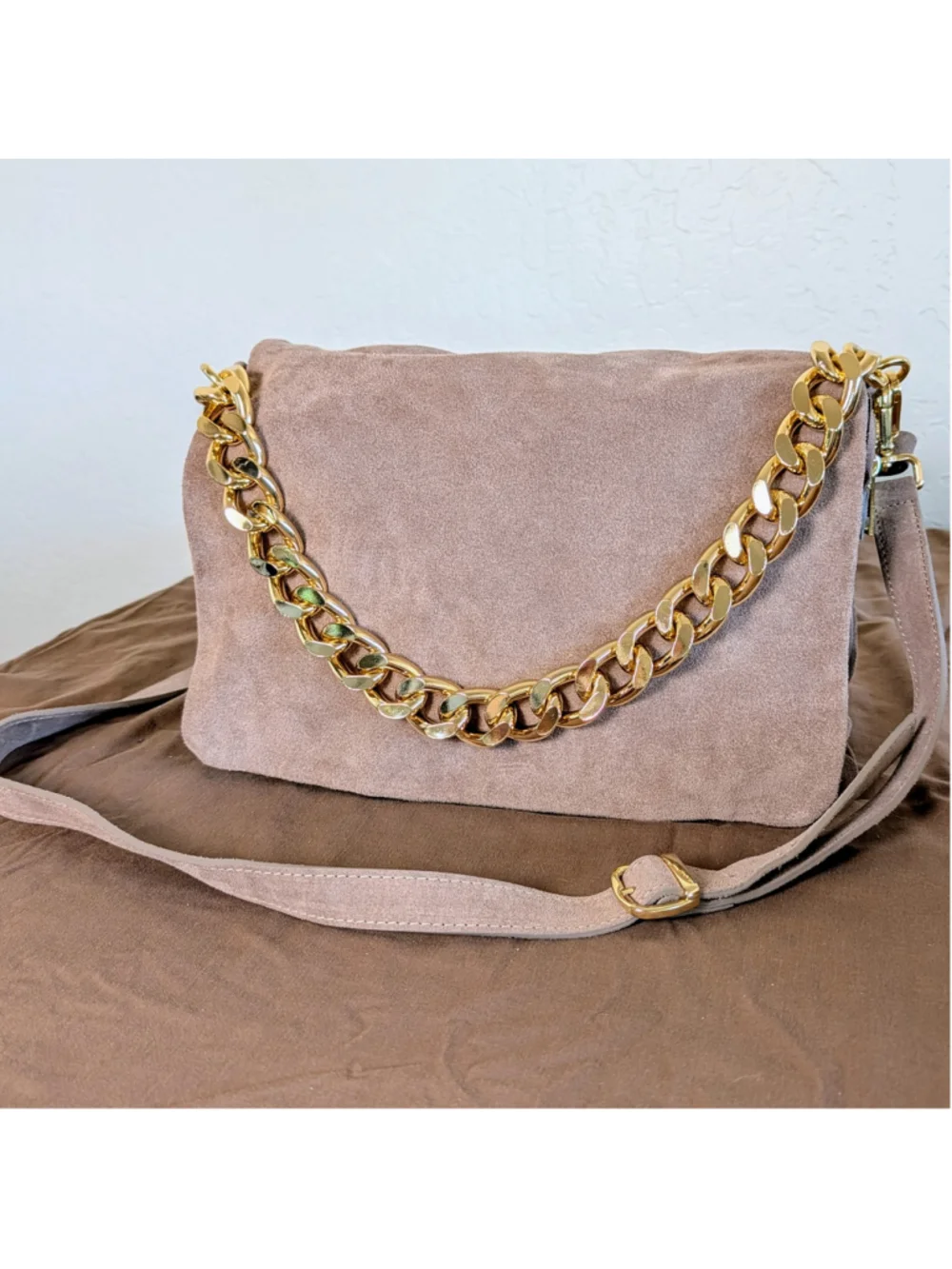 Viola Castellani Italian Suede Leather Chain Bag Taupe Slouchy Crossbody Purse